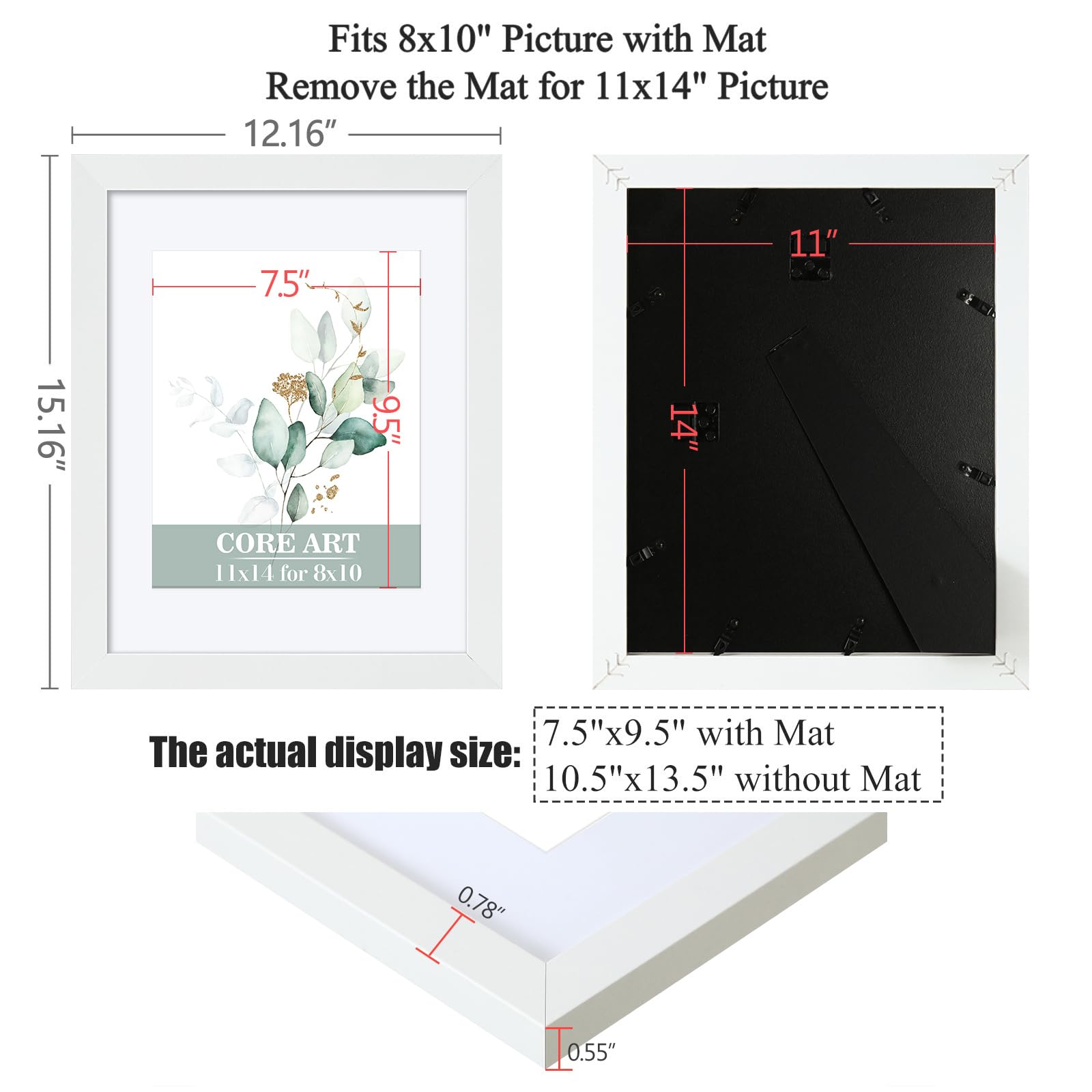 CORE ART 11x14 White Picture Frame Set of 2,Display Pictures 8x10 with Mat or 11 x 14 without Mat,Multi Photo Frames Collage for